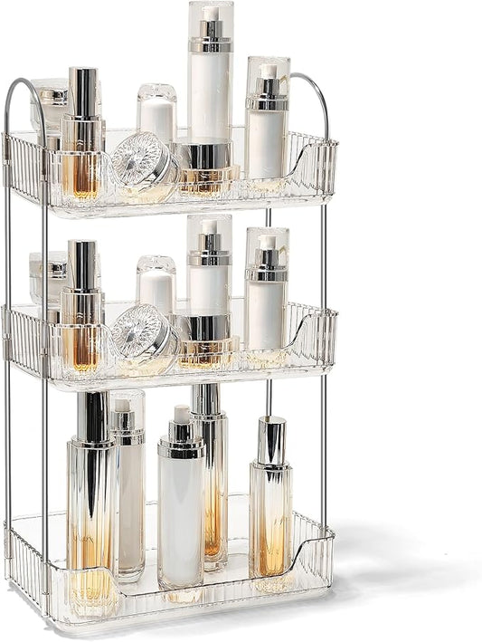 Bathroom Counter Organizer Countertop Storage Skincare Countertop Makeup Organizer Cosmetics Skincare Organizers Holder for Perfume-Clear White-Silver Pole-3 Tier