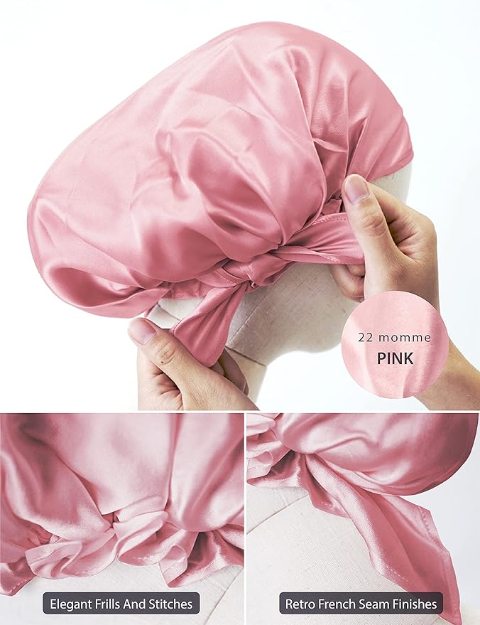 100 percent Silk Bonnet for Sleeping, Hair Bonnet with Tie Band, Large Silk Sleep Cap for Curly Hair, Silk Hair Wrap for Hair Care (Rose Pink), One Size