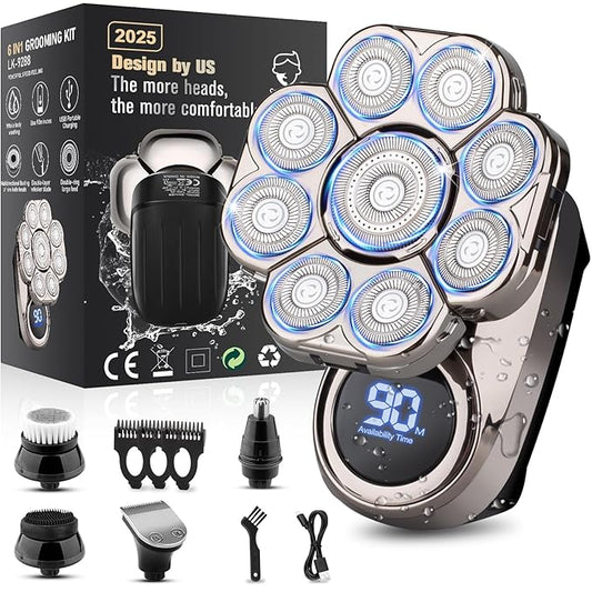 9D Electric Head Shaver for Bald Men, Upgraded 5-in-1 Head Shaver for Bald Men, Waterproof Wet/Dry Grooming Kit Electric Shaver for Men, Cordless Rechargeable Bald Head Razor for Home&Travel