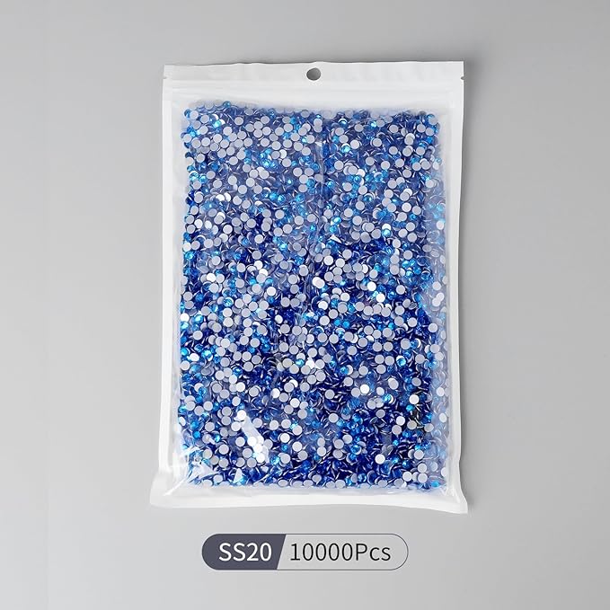 10000PCS Capri Blue Rhinestones Bulk, Flat Back Crystal Glass Stone Round Gems,SS20, 4.6-4.8mm