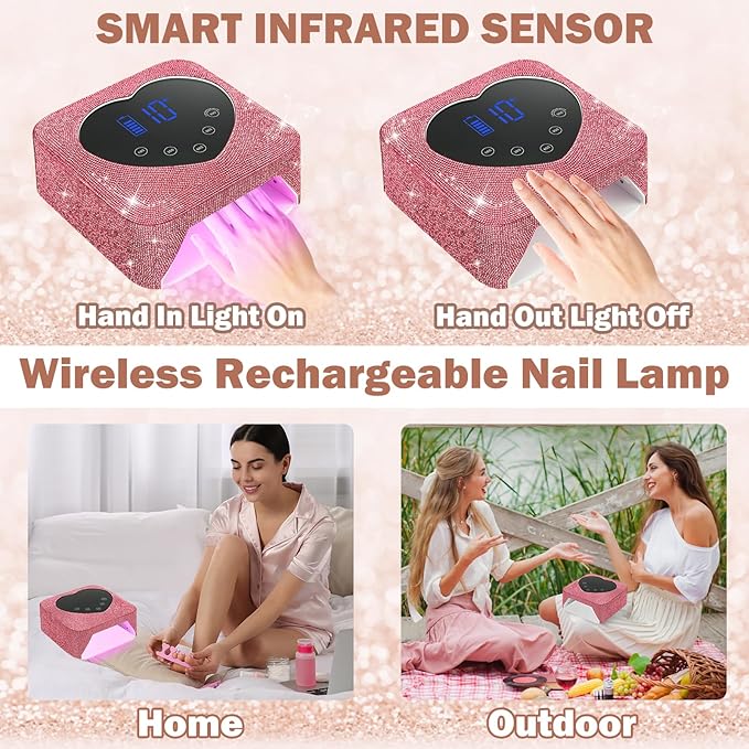 UV LED Nail Lamp Rechargeable 72W Cordless Portable UV Light for Gel Nails Polish,Rhinestones Nail Dryer Light with Glove,Auto Sensor,5 Timer,30 Beads,Fast Curing Gel X Polish Lamp for Home Salon