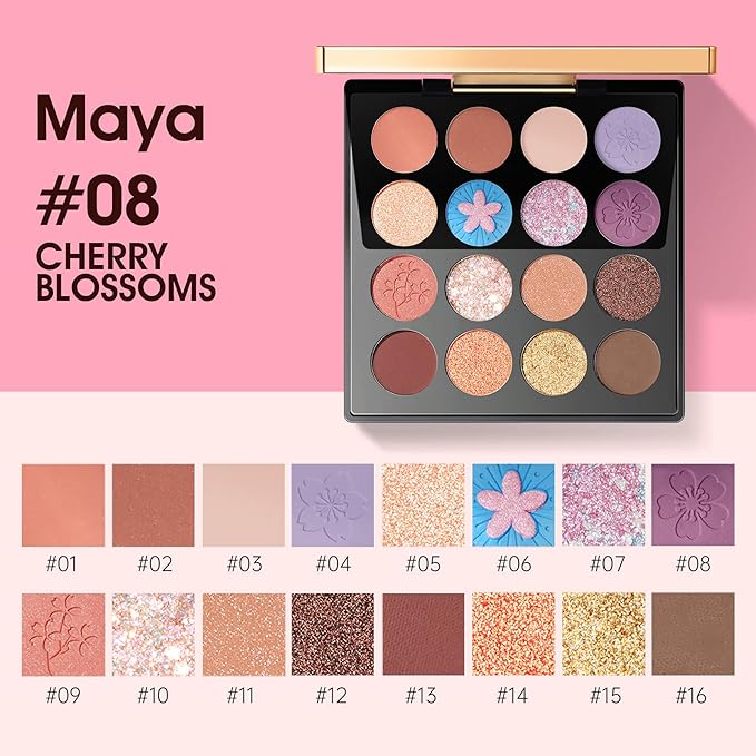 zeesea Egypt Eyeshadow Palette Maya Collection, Matte Shimmer Glitter Blendable High Pigmented 16 Shades Eye Makeup Palette (#08 CHERRY BLOSSOMS)