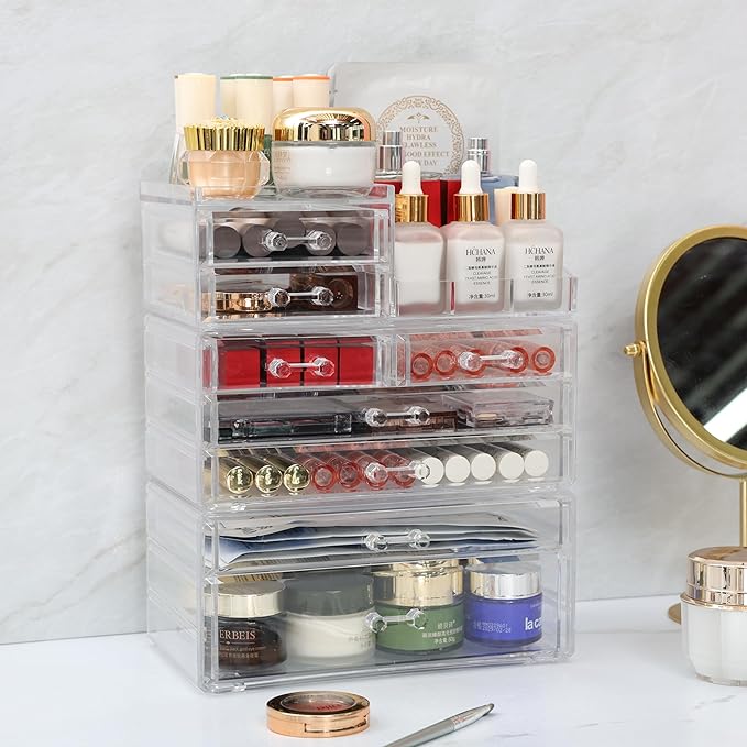 Cq acrylic 3 Pack Clear Make Up Organizers for Vanity With 8 Drawers,Stackable Skincare Organizer and Cosmetic Storage Organizer for Jewelry,Lipstick,Beauty,Skin Care,Vanity Organizers and Storage