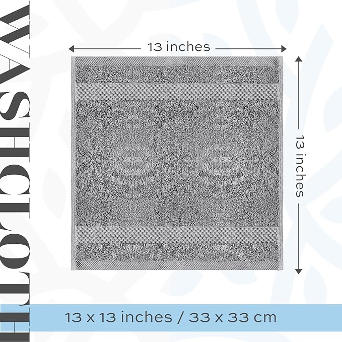 White Classic Light Grey Luxury Cotton Washcloths 12 Pc Set - Large 13x13 Inches Hotel Style Face Towel, High Absorbent Quick Dry Wash Cloths for Home, Spa, Gym, Light Grey, 12 Pack