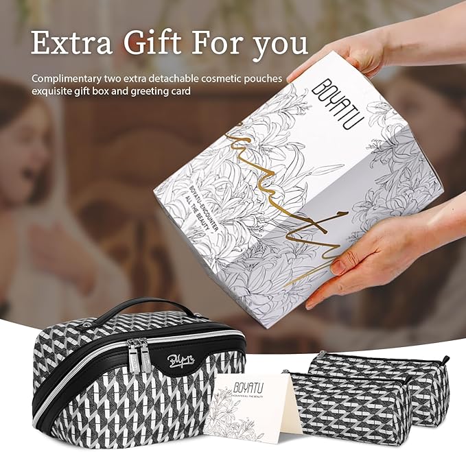 BOYATU Travel Makeup Bags for Women: Large Capacity Cosmetic Bag Set of 3 - Vegan Leather Make up Bags with Compartments - Wide Open Waterproof Toiletry Organizer Bag with Handle (E-04-Black)