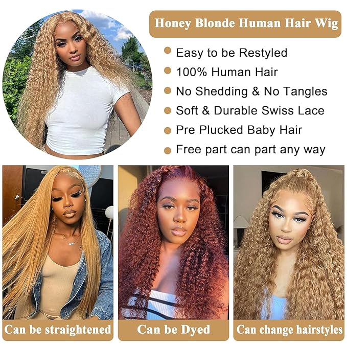 26inch Honey Blonde Wig Human Hair, Deep Wave Lace Front Wigs Human Hair #27 Color Blonde Curly 13x6 Hd Lace Front Wigs Pre Plucked With Baby Hair Lace Frontal Wig 180% Density For Black Women