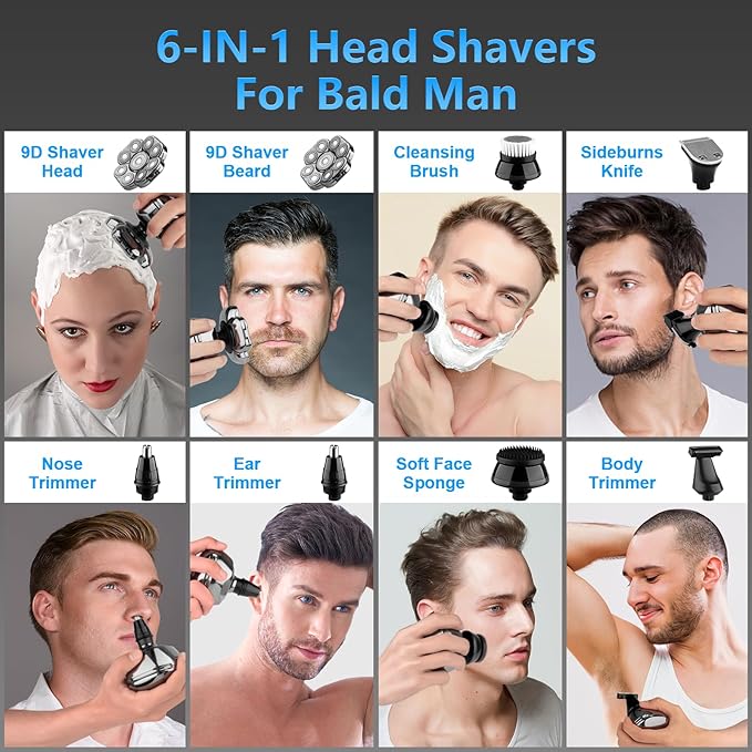 9D Head Shavers for Bald Men, 6-in-1 Electric Razor for Men, Cordless Rechargeable & Waterproof Bald Head Shavers for Mens with Large Battery, LED Display, Wet/Dry Shave