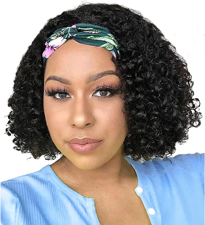 JCL Curly Headband Wig Human Hair Headband Wig 180% Density 12A Glueless Wigs Human Hair 10 Inch Curly Wave headband Wig Natural Color Human Hair Wigs for Black Women