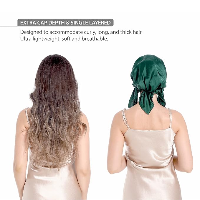 100% Silk Bonnet for Sleeping, Large Sleep Cap With Tie Band for Curly Hair Care, Hair Wrap (Emerald)