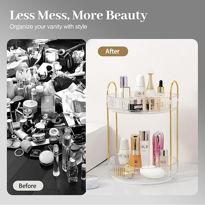 Rotating Makeup Organizer for Vanity, Skincare Make Up Storage Perfume Organizers for bathroom countertop, Clear Cosmetic Organizer for Dresser, Lipstick Hair product Spinning Stand Organizer (2 Tier,