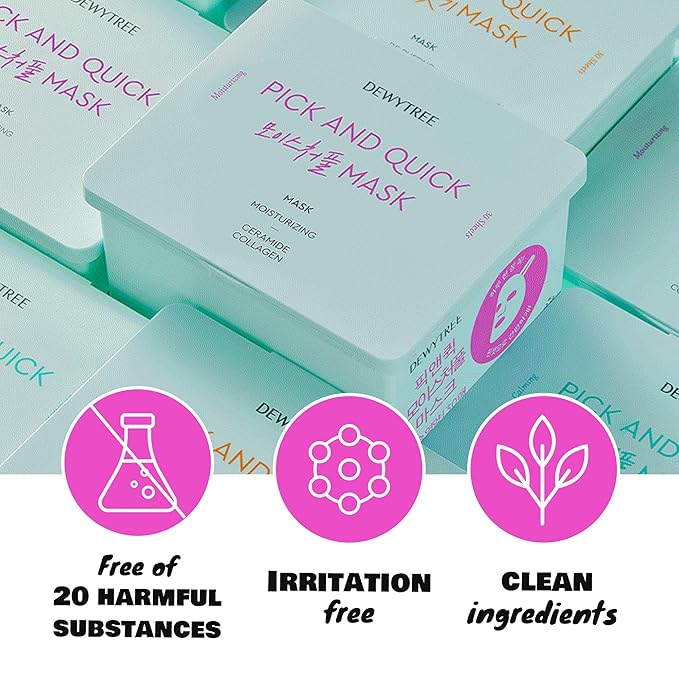 DEWYTREE Pick and Quick Moisture Full Mask 30 Sheets | Korean Collagen Face Mask Skincare Sheets | Hydrating Face Masks w/Ceramide | Intensely Moisturizing Face Masks Beauty Sheet Set