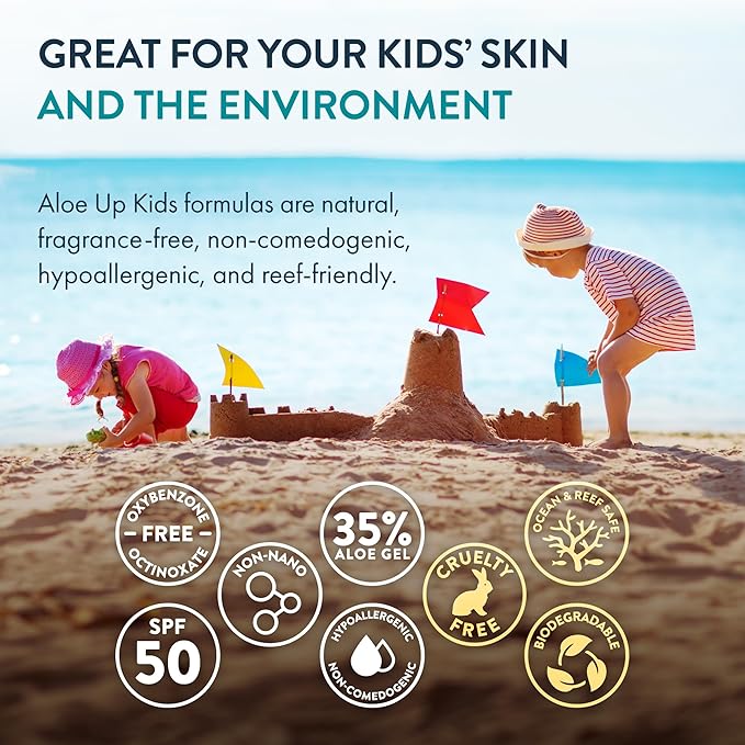 Aloe Up Kids Broad Spectrum Mineral Sunscreen Spray SPF 50 - Alcohol-Free Face and Body Sun Protector for Sensitive Skin - With Gen2 Zinc Oxide and Aloe Vera - Reef Safe - Fragrance-Free - 4.5 Oz