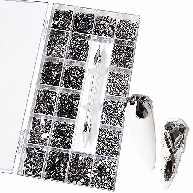 12 Types of Mine Black 600 Diamonds + 2500 Flat Rhinestones Mix 20 Styles Flatback DIY Crafts Rhinestone Crystals 3D Decorations Flat Back Stones Set + Rhinestone Picker Wax Pen