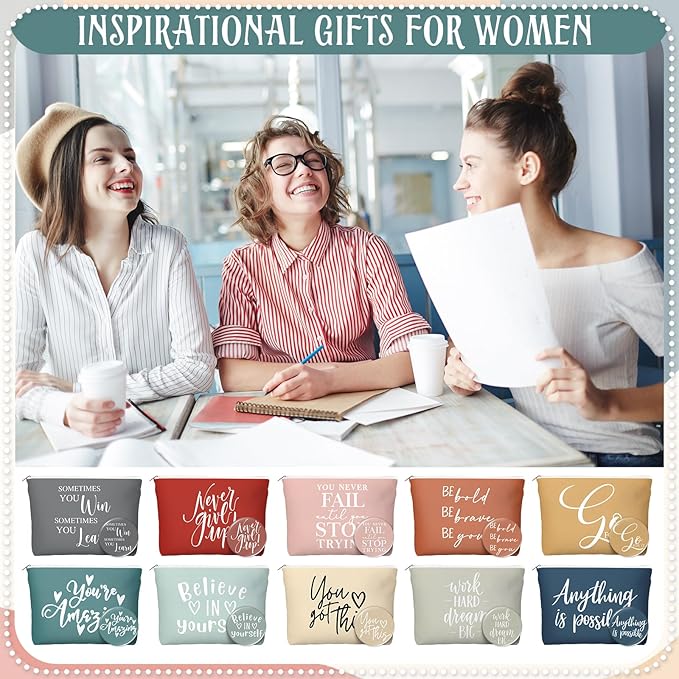 20 Pcs Employee Appreciation Gifts 10 Inspirational Canvas Makeup Bags 10 Compact Mirrors Bulk Cosmetic Bags Round Portable Pocket Mirror Thank You Gifts for Women (Incentive)