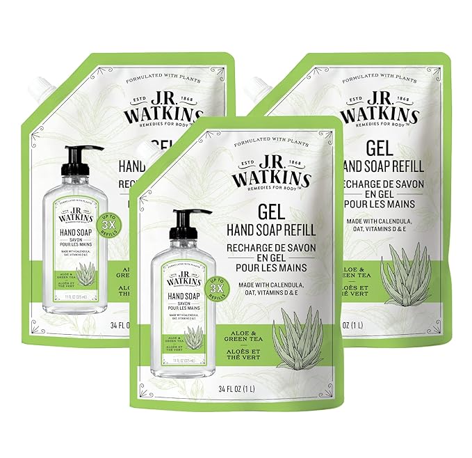 J.R. Watkins Gel Hand Soap Refill, Moisturizing Hand Wash, All Natural, Alcohol-Free, Cruelty-Free, USA Made, Aloe Green Tea, 34 Fl Oz, 3 Pack