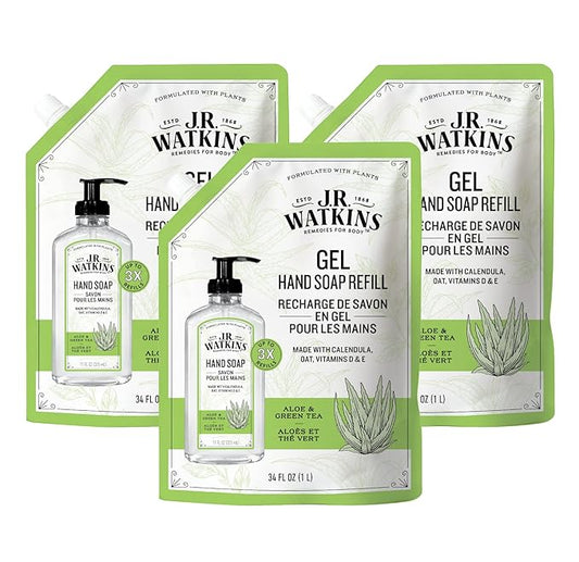 J.R. Watkins Gel Hand Soap Refill, Moisturizing Hand Wash, All Natural, Alcohol-Free, Cruelty-Free, USA Made, Aloe Green Tea, 34 Fl Oz, 3 Pack