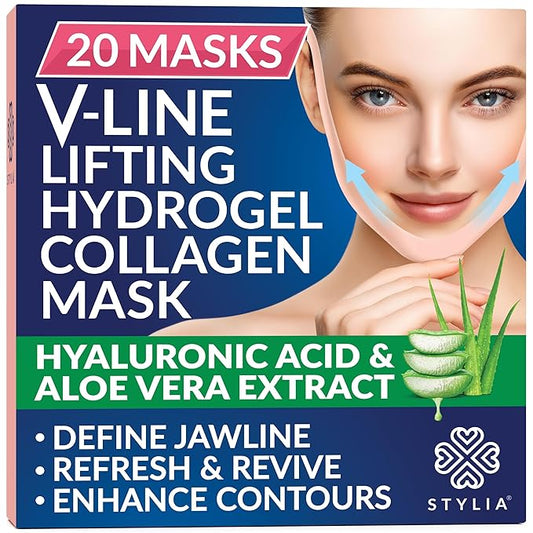 Stylia V-Line Lifting Collagen Face Mask with Hyaluronic Acid & Aloe Vera - Spa Quality Chin Strap - Jawline Shaper Collagen Mask - Face Masks Skincare - Chin Strap for Sleeping - 20PC