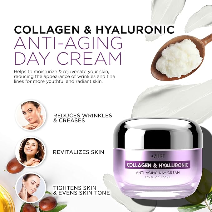 Azure Cosmetics Collagen & Hyaluronic Acid Face Moisturizer - Dermatologist Tested, Anti-Aging Cream for Fine Lines & Wrinkles - Ultra Hydrating Face Cream - Korean Skin Care - All Skin Type - 1.69 oz