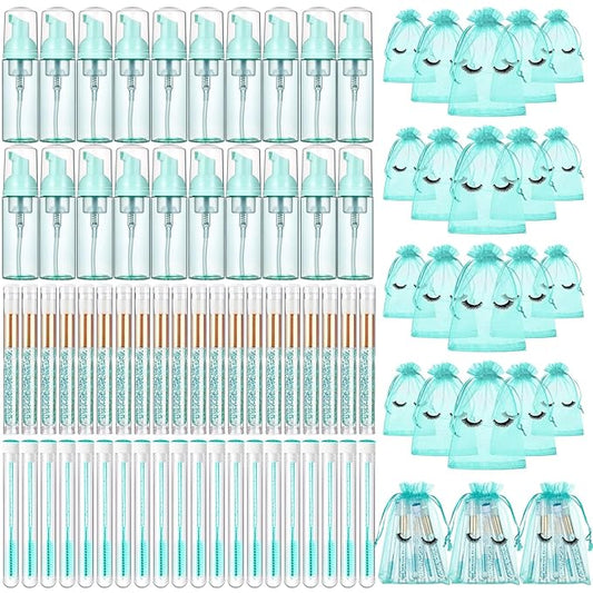 Zhehao 80 Pcs Lash Shampoo Bottle Brushes Kit 20 Foam Pump Dispensers 20 Lash Shampoo Brushes 20 Eyelash Aftercare Bag 20 Cleaning Pipes, Eyelash Extension Supplies(Green, Blue)