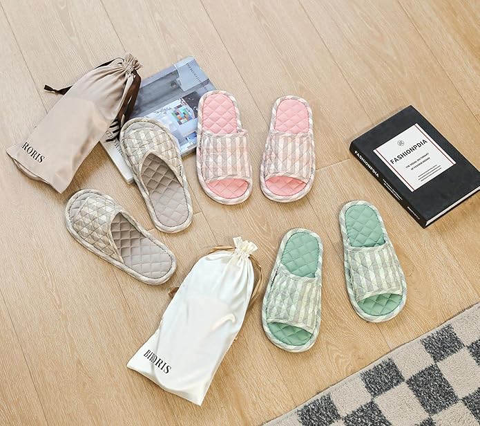 3 Pairs Floral Cotton House Slippers for Women, Open Toe Indoor Slippers Comfortable Washable Portable Foldable Guest Travel Hotel Airplane Spa Slippers