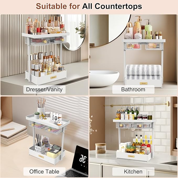Unaone Makeup Organizer Countertop - 2 Tier Skincare Organizer with 2 Rotating Drawers, Versatile Cosmetic Display Cases Perfume Organizer for Vanity Bathroom Countertop, Ideal Gifts for Women (White)
