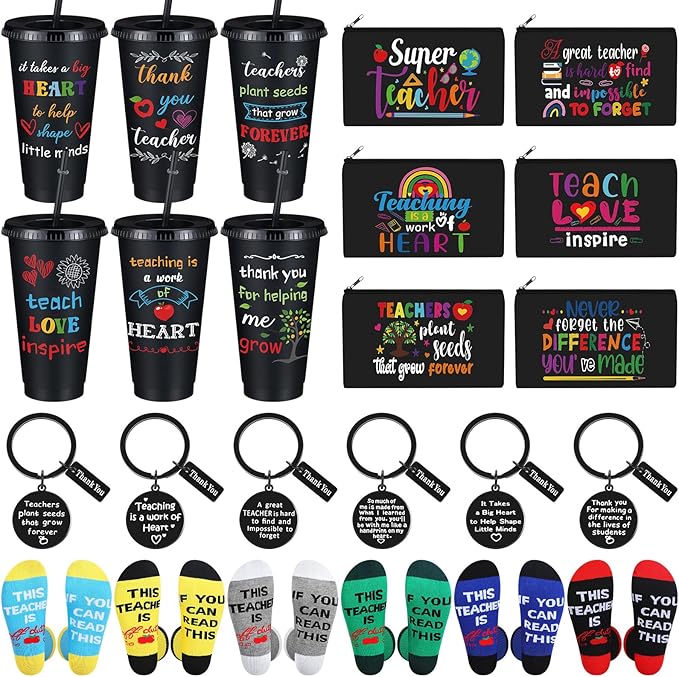 24 Pcs Teacher Appreciation Gift from Students 2025 Teachers' Day Thank You Gifts Bulk 24 oz Plastic Tumbler Cup Makeup Cosmetic Bag with Zipper Crew Sock Keychain for Retirement(Classic)