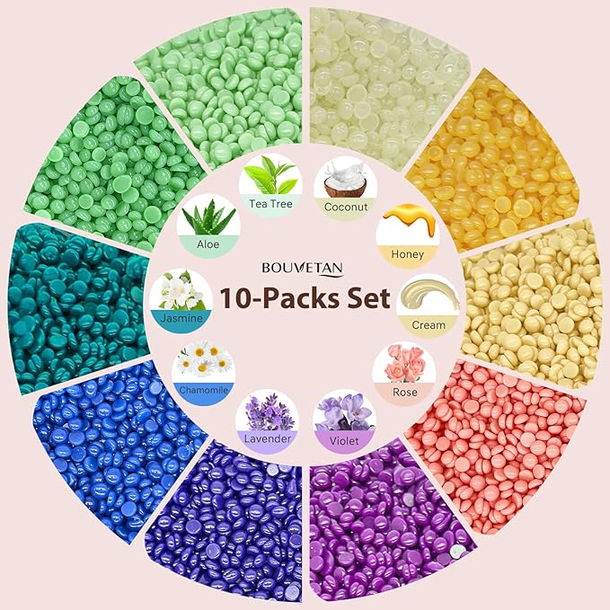 Wax Beads for Hair Removal, 2.2lb/1000g Hard Waxing Beans for Full Body, Brazilian, Bikini, Face, Eyebrows, Home Wax Refill for Women & Men, Pack of 10 with Pre & Post Oil