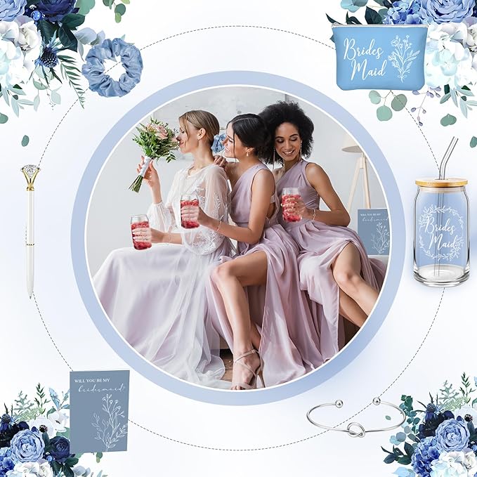 Irenare 36 Pcs Bridesmaid Proposal Gifts Bridal Shower Gifts 16 oz Glass Cup Cosmetic Makeup Bags Invited Cards Scrunchies Hair Knotted Bracelets Diamond Pens Favors for Wedding (Blue)