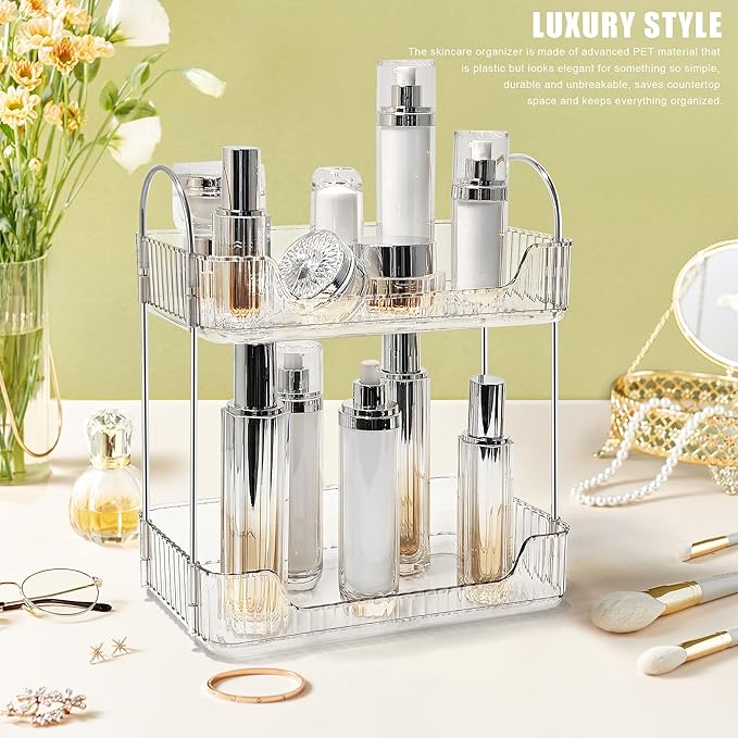 Bathroom Counter Organizer Countertop Storage Skincare Countertop Makeup Organizer Cosmetics Skincare Organizers Holder for Perfume-Clear White-Silver Pole