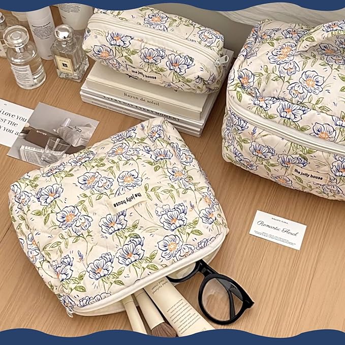 Quilted Floral Makeup Bag 3PCS, Cute Cotton Coquette Aesthetic Travel Toiletry Bag, Zipper Cosmetic Pouch, Daily Travel Use Skincare Bag, Large Capacity (Coral Blossom)