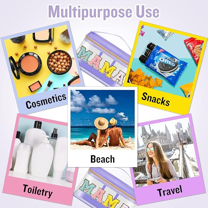 Chenille Letter Clear Makeup Bags Mama Pouch, Preppy Patch Makeup Bag Zipper with Handle, Transparent PVC & Nylon Waterproof Glitter Cosmetic Handbag Travel Toiletry Storage for Women(MAMA-Purple)