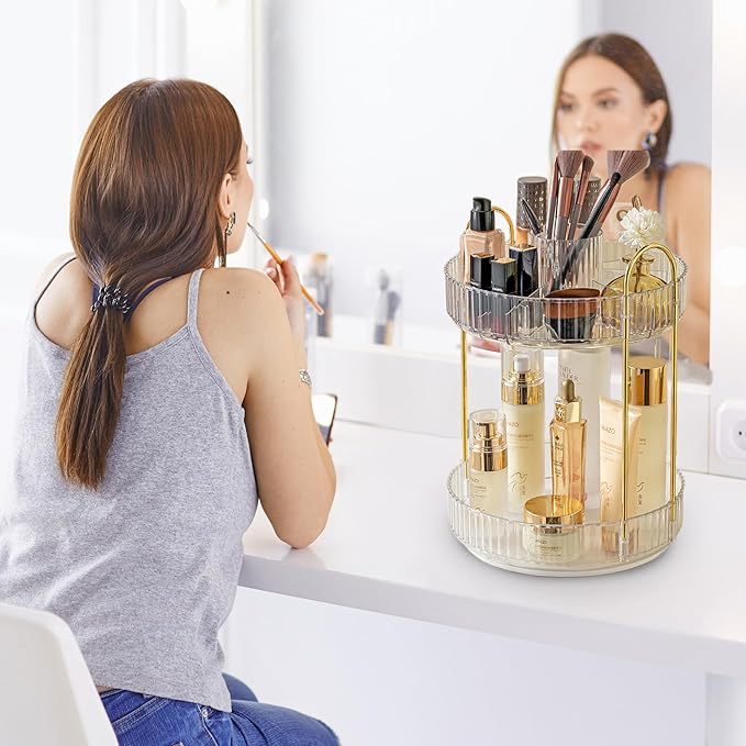 Aveniee 360 Rotating Makeup Organizer for Vanity, Upagraded Perfume Skincare Bathroom Counter Organizers with Brush Divider, Two Tier Spinning Lipstick Cosmetic Makeup Lotion Storage Organizer(White)