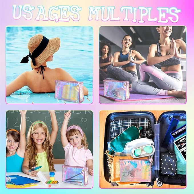 BESARTE 10 Pcs Holographic Makeup Bags Bulk, Mother's Day Gifts for Women Clear Portable Zippered Toiletry Bag Waterproof Cosmetic Bags Wedding Gifts for Bride Bridesmaids