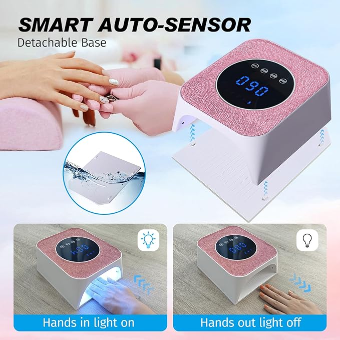 UV Nail Lamp, 72W Rechargeable LED Gel Nail Light Dryer for Gel Polish 4 Timer Modes Cordless Bling Pink Diamond Rhinestones for Salon & Home