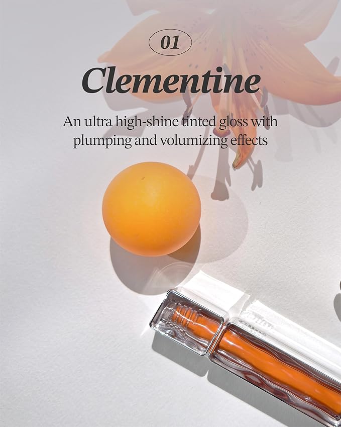 Glint Tint Glosser (Clementine, 0.09oz) - Hydartions, Moisturizing Plumping Lip Gloss with Radiant Shine, Long Lasting, Korean Skin Care. Provence Rose & Calendula Extract.