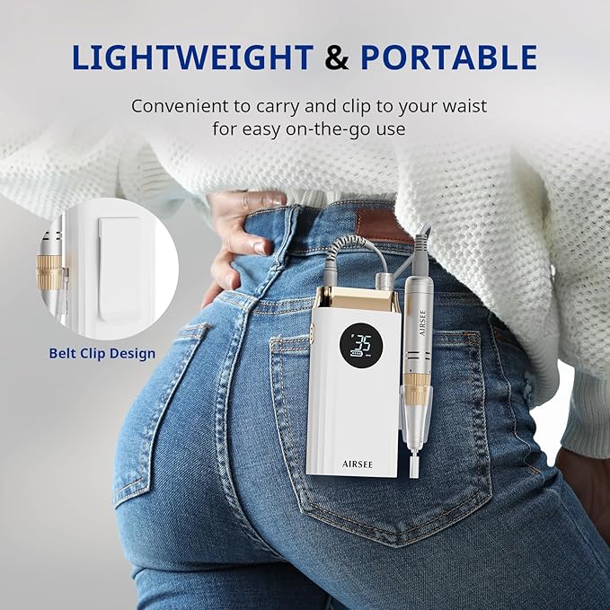 AIRSEE Professional Portable Nail Drill 35000RPM,Rechargeable Cordless Nail Drill for Manicure Salon Home, Eletric Nali E File for Acrylic Nails Gel Polishing Removing, EW4 White