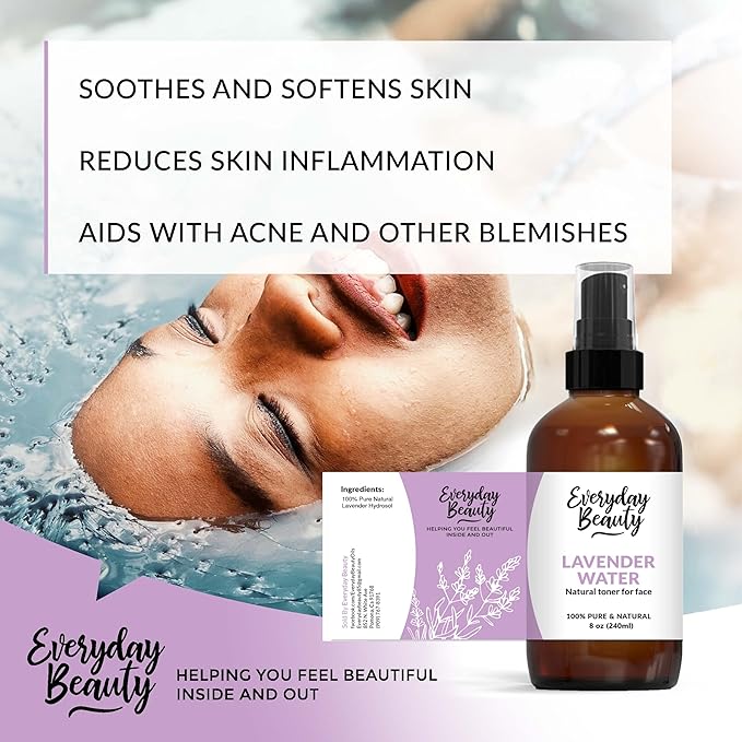 Lavender Hydrosol Facial Toner - All Natural Hydrating Spray Mist for Face and Hair - 100% All Natural Lavender Water Hydrosol 8oz with Fine Mist Cap