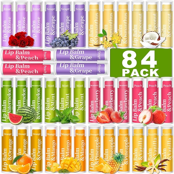 84 Pack of Lip Balm, 12 Flavored Lip Balms Natural Organic Vitamin E Lip Balm Pack for Dry Cracked Lips, Moisturising Lip Balm Bulk Gifts Stocking Stuffers Party Favors(4.2g/0.15oz)