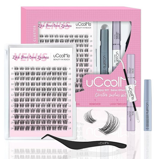 Venus Lash Clusters Kit Short 8-14mm 120PCS D Curl Natural Cluster Lashes Kit Wispy Eyelash Clusters Kit DIY Eyelash Extension kit with Lash Bond and Seal,Remover and Tweezers Thin Invisible Lash Band