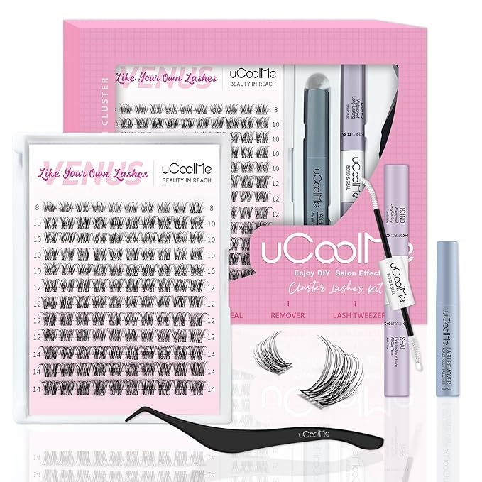 Venus Lash Clusters Kit Short 8-14mm 120PCS D Curl Natural Cluster Lashes Kit Wispy Eyelash Clusters Kit DIY Eyelash Extension kit with Lash Bond and Seal,Remover and Tweezers Thin Invisible Lash Band
