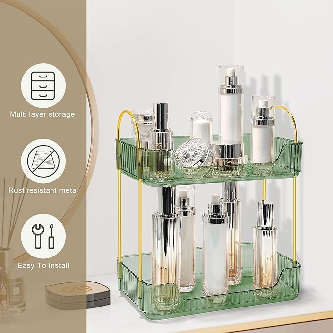 Bathroom Counter Organizer Countertop Storage Skincare Countertop Makeup Organizer Cosmetics Skincare Organizers Holder for Perfume-Green-Golden Pole