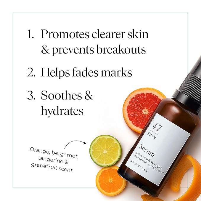 47 Skin | Hydrating Face Serum with Silver Chitoderm for ALL Skin Types | Clears Acne, Prevents & Heals Breakouts & Blemishes, Repairs Scars | Moisturises and Nourishes For Smooth Skin | 30ml