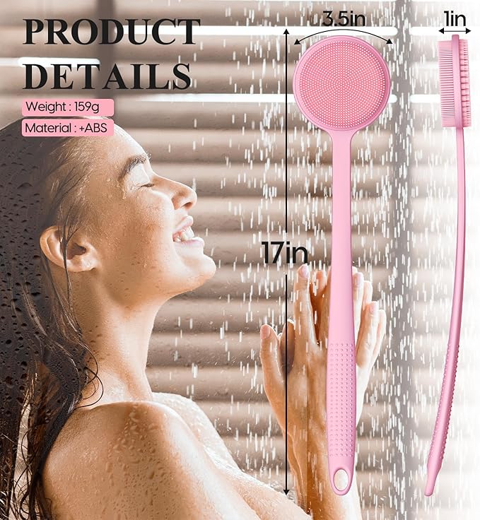 VWMYQ Silicone Back Scrubber for Shower, 17in Lengthen Long Handle Body Brush, Double Sided Shower Brush for Shower Exfoliating and Massage Can Produce Rich Foam, Long Handle Back Scrubber for Men