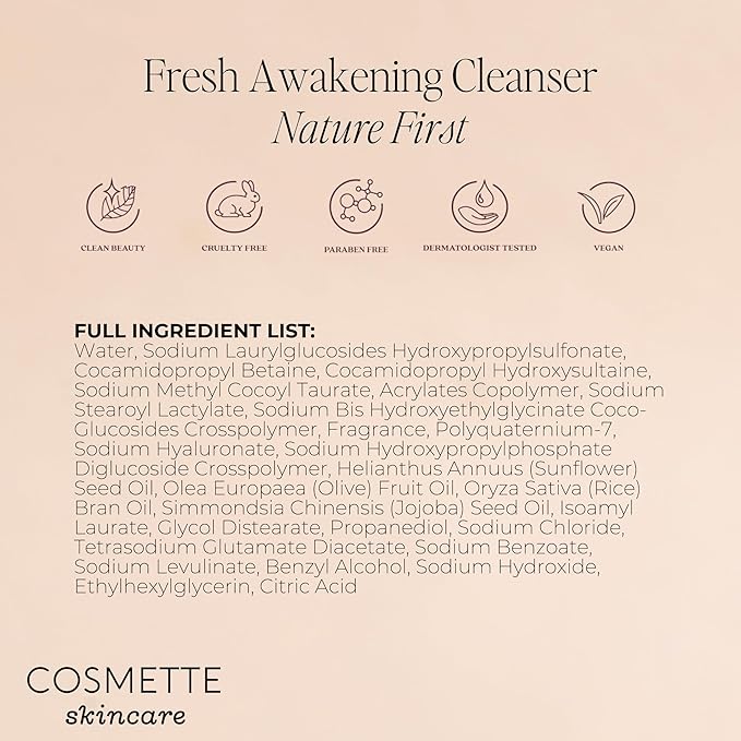 Cosmette Fresh Awakening Daily Cleanser, Face Wash & Makeup Remover With Olive, Sunflower, & Rice Bran Oils, Gentle, Natural Skin Care, Hydrating, Nourishes & Protects Skin, Vegan, 4 FL Oz