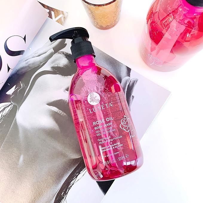 Luseta Rose Oil Body Wash for Dry Skin Women 16.9oz, Smell Good Hydrating Shower Gel for Nourishing Essential Body Care, Sulfate & Paraben Free Itch, Ringworm, Shower Gel