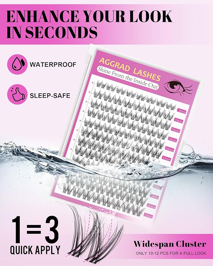 Venus Lash Clusters Kit Short 8-14mm D Curl Natural Cluster Lashes Kit Wispy Eyelash Clusters Kit DIY Eyelash Extension Kit with Lash Bond and Seal & Tweezers Remover for Fake Lashes Extensions