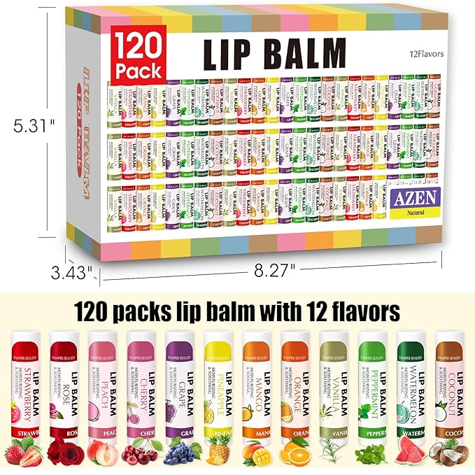 AZEN 120 Pack Lip Balm, Natural Lip Balm Bulk, Lip Care Product, Moisturizing Lip Balms for dry cracked lips - 12 Flavors