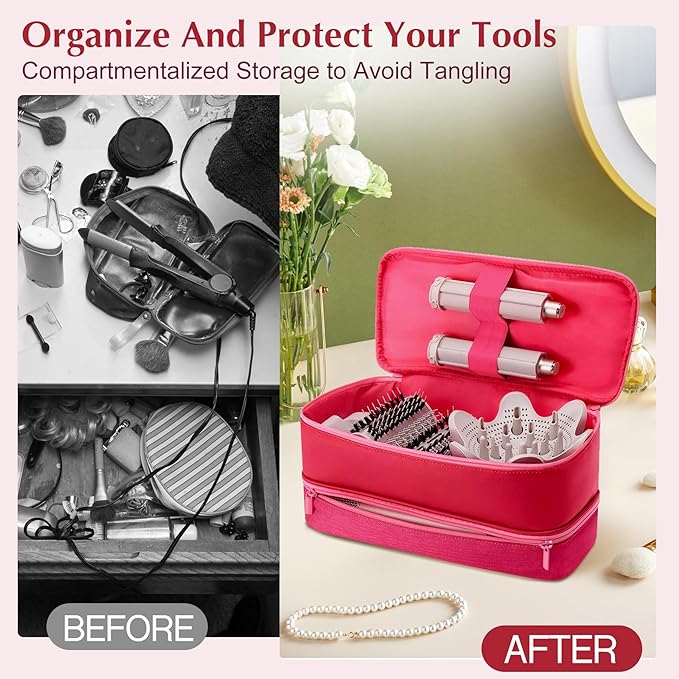 Travel Carrying Case for Shark Flex Style, Double Layer Hair Dryer Accessories Tools Storage Case, Waterproof PU Leather Organizer Bag for Shark Flexstyle/Dyson Airwrap Styler and Attachments (Pink)