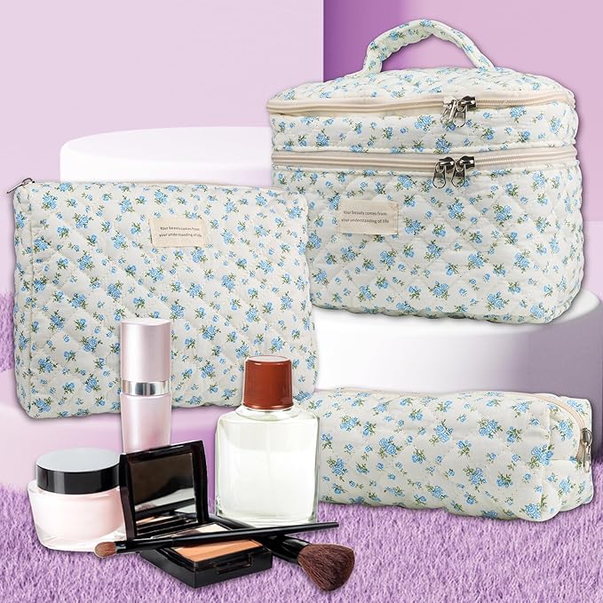 Dual Layer Cute Makeup Bag for Women(3 Pcs), Quilted Floral Coquette Aesthetic Make up Bags, Travel Cosmetic Bags Toiletry Organizer Bag(Blue Rose)