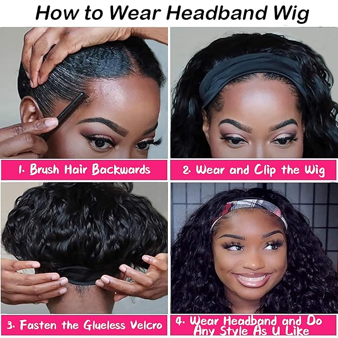 JCL Curly Headband Wig Human Hair Headband Wig 180% Density 12A Glueless Wigs Human Hair 10 Inch Curly Wave headband Wig Natural Color Human Hair Wigs for Black Women